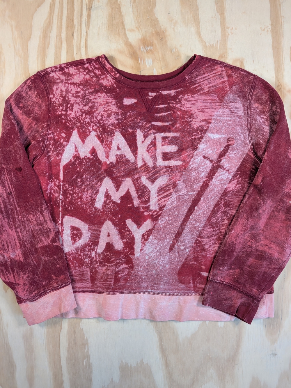Make My Day Red Bleach Dye Crewneck Sweater